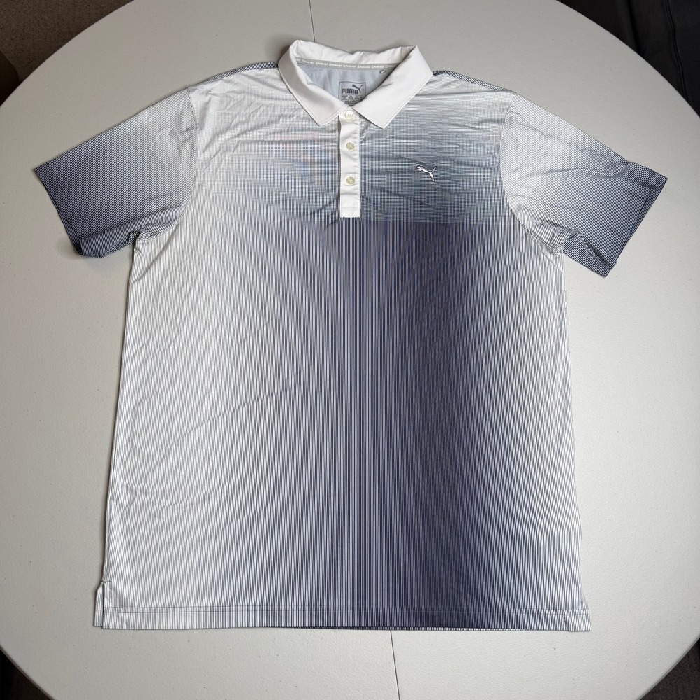 Puma Golf Mens Large dryCELL‎ Polo Shirt White Gray Gradient Stripe Stretch